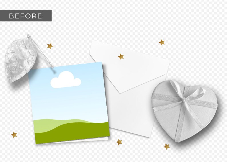 May include: A white envelope, a white heart-shaped box with a white ribbon, and a card with a blue sky, white cloud, and green hills. Gold stars are scattered around the objects.