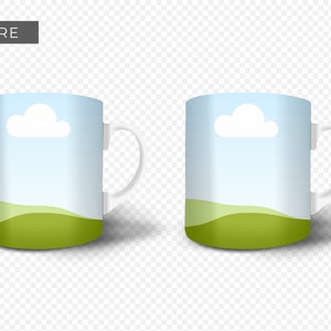 Ceramic Coffee Mug Mockup for Canva with custom clip frames, fully editable, drag and drop. Works like Photoshop! Display image shows 3 front view mugs with canva clip frames before a design is inserted.