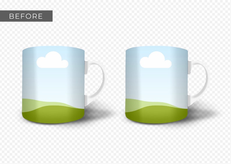 Ceramic Coffee Mug Mockup for Canva with custom clip frames, fully editable, drag and drop. Works like Photoshop! Display image shows 3 front view mugs with canva clip frames before a design is inserted.