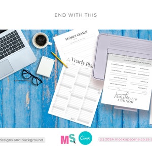 May include: A printer with a white and light purple body is printing a black and white printable planner with the text "Monthly Reflection Journal" on the page. The planner is on a blue wooden surface with a laptop, a cup of coffee, a notepad, a pencil, and glasses. There are also stickers with motivational phrases on the surface.