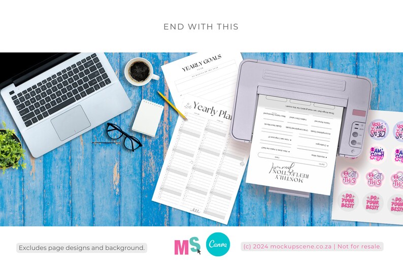 May include: A printer with a white and light purple body is printing a black and white printable planner with the text "Monthly Reflection Journal" on the page. The planner is on a blue wooden surface with a laptop, a cup of coffee, a notepad, a pencil, and glasses. There are also stickers with motivational phrases on the surface.