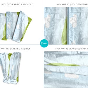 May include: Mockup of folded and layered fabric with a green and white pattern. The fabric is folded in different ways to show the different textures and patterns. The fabric is light blue and white with a green pattern.