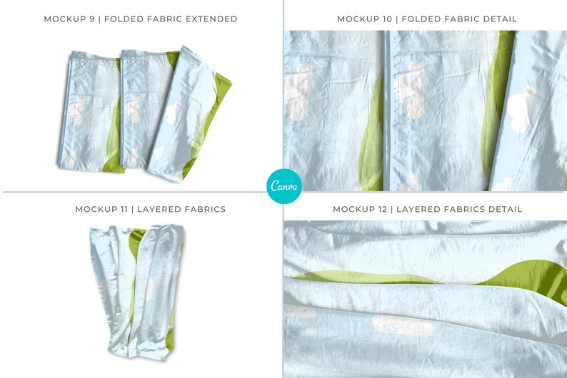 May include: Mockup of folded and layered fabric with a green and white pattern. The fabric is folded in different ways to show the different textures and patterns. The fabric is light blue and white with a green pattern.