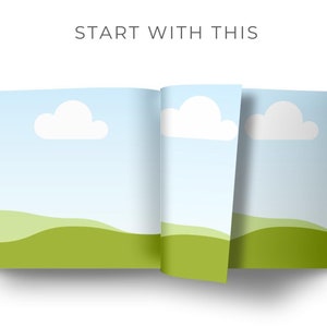 May include: An open book with a blue sky and white clouds on the pages. The book is open to a page with green hills and a blue sky with white clouds.