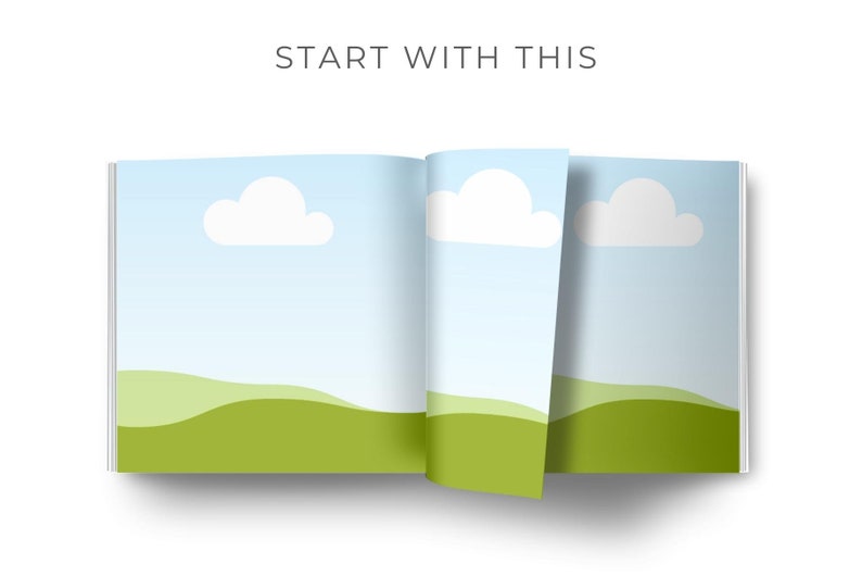 May include: An open book with a blue sky and white clouds on the pages. The book is open to a page with green hills and a blue sky with white clouds.