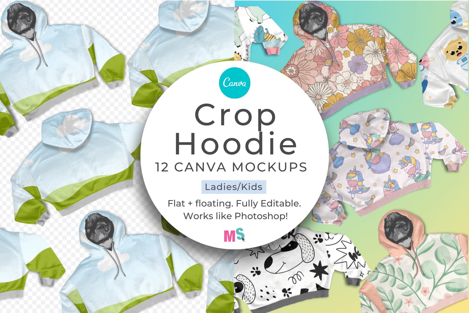 Crop Hoodie Mockup for Canva Ladies Kids Realistic Sweater Mock Up Pattern Textile Fabric Design Merch Apparel Branding Mock-up Front Back