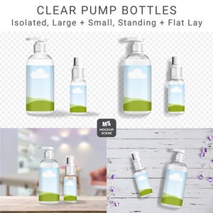May include: Clear pump bottles in various sizes, featuring a design with a blue sky, white clouds, and green hills. The image includes standing and flat lay arrangements, with the text "CANVA SMART MOCKUP" and "CLEAR PUMP BOTTLES". The Etsy shop URL is also visible.