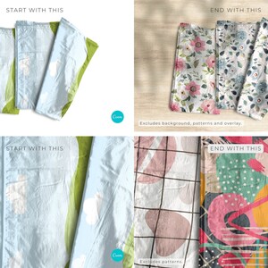 May include: Three folded fabric napkins with different patterns. The first napkin has a green and white pattern, the second has a blue and white pattern, and the third has a pink and white pattern.