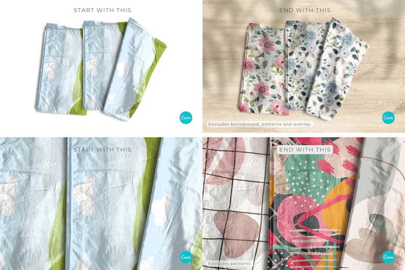 May include: Three folded fabric napkins with different patterns. The first napkin has a green and white pattern, the second has a blue and white pattern, and the third has a pink and white pattern.