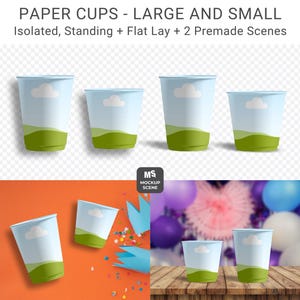 Disposable Paper Cup Set (Small and Large) Canva Smart Mockup for Coffee Shop Branding, Party Supplies, Product Display. Image shows the blank paper cups without designs added to them in top view and standing view on a transparent background. Also shown are the two ready-to-use pre-made mockup scenes on different backgrounds without designs added.