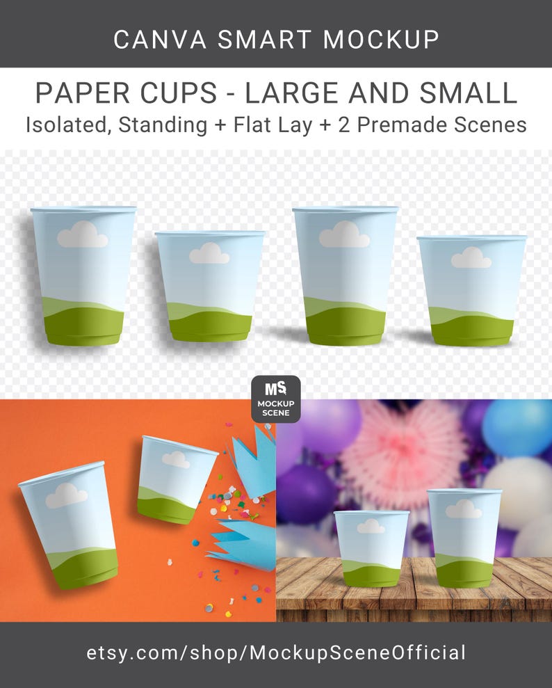 Disposable Paper Cup Set (Small and Large) Canva Smart Mockup for Coffee Shop Branding, Party Supplies, Product Display. Image shows the blank paper cups without designs added to them in top view and standing view on a transparent background. Also shown are the two ready-to-use pre-made mockup scenes on different backgrounds without designs added.
