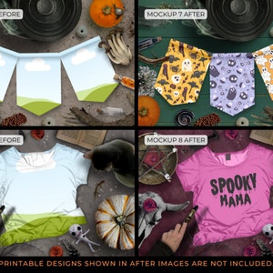 May include: Two mockups for Halloween themed designs. The first mockup shows a banner with three flags, each with a different design. The second mockup shows a pink t-shirt with the text "Spooky Mama" printed on it.