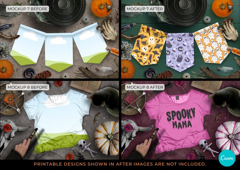 May include: Two mockups for Halloween themed designs. The first mockup shows a banner with three flags, each with a different design. The second mockup shows a pink t-shirt with the text "Spooky Mama" printed on it.