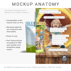 Puede incluir: Imagen de maqueta de una bolsa transparente con pajita, con un dise&ntilde;o de tem&aacute;tica selv&aacute;tica con una jirafa, un mapache y otros animales. El texto "MOCKUP ANATOMY" est&aacute; en la parte superior, con instrucciones y caracter&iacute;sticas.