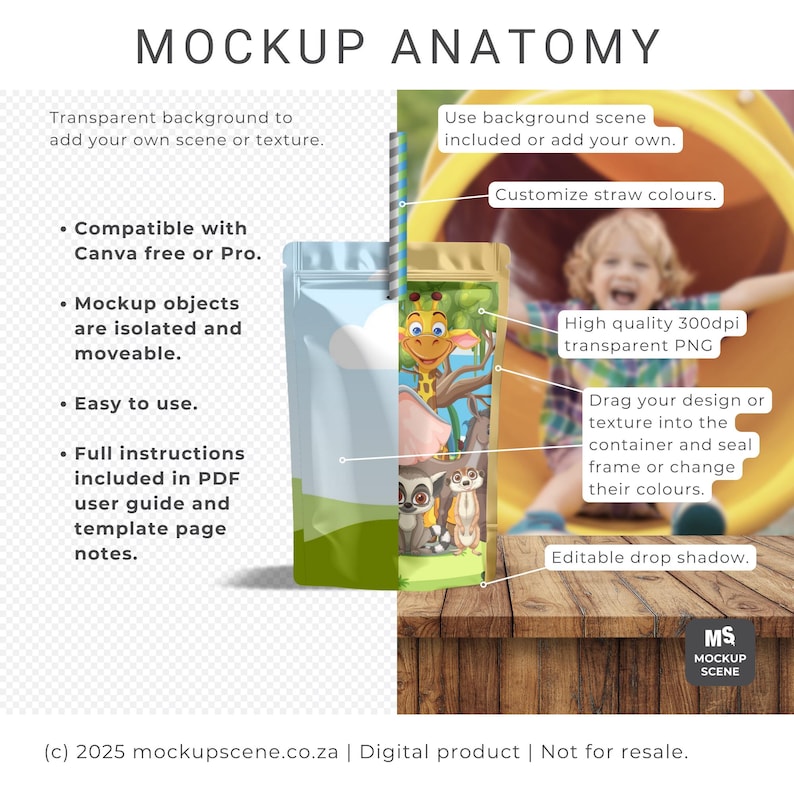 Puede incluir: Imagen de maqueta de una bolsa transparente con pajita, con un dise&ntilde;o de tem&aacute;tica selv&aacute;tica con una jirafa, un mapache y otros animales. El texto "MOCKUP ANATOMY" est&aacute; en la parte superior, con instrucciones y caracter&iacute;sticas.