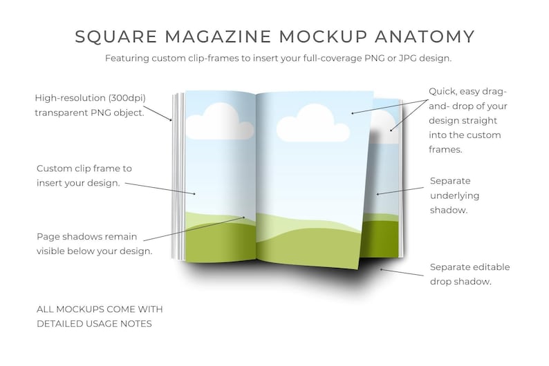 May include: A mockup of a square magazine with a blue sky and green hills background. The magazine is open and has a custom clip frame to insert your design. The mockup includes a separate underlying shadow and a separate editable drop shadow.