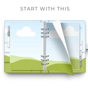 May include: A blue and green planner with a white page turned over. The planner has a metal binding and tabs for each month. The text "START WITH THIS" is at the top of the image.