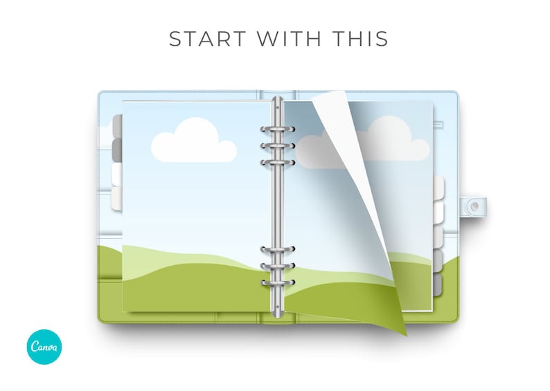 May include: A blue and green planner with a white page turned over. The planner has a metal binding and tabs for each month. The text "START WITH THIS" is at the top of the image.