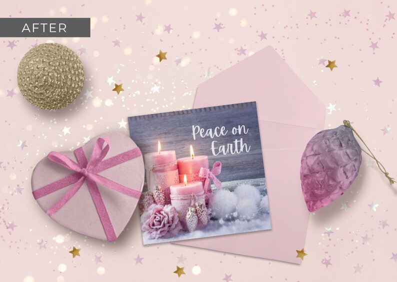 May include: A pink envelope with a white card inside. The card has a picture of three pink candles with the text "Peace on Earth". The envelope and card are surrounded by pink and gold glitter.