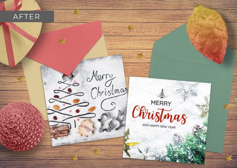 May include: Two Christmas cards on a wooden surface. One card has a hand-drawn Christmas tree made with food items on a white background. The other card has a green pine branch with snow on a white background. Both cards say "Merry Christmas".