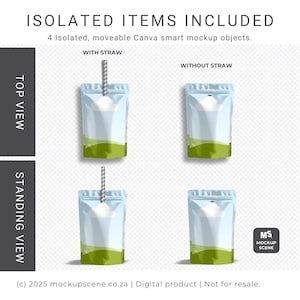 Maqueta inteligente de bolsa de jugo con pajita en Canva para branding de fiestas y eventos, diseños educativos, suministros y exhibición de productos. imagen 3