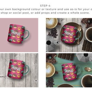 Ceramic Coffee Mug Mockup for Canva with custom clip frames, fully editable, drag and drop. Works like Photoshop! Display image shows step 4 of how to add your design to this Canva mockup.