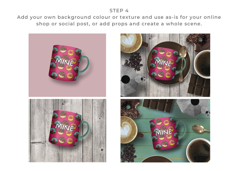 Ceramic Coffee Mug Mockup for Canva with custom clip frames, fully editable, drag and drop. Works like Photoshop! Display image shows step 4 of how to add your design to this Canva mockup.