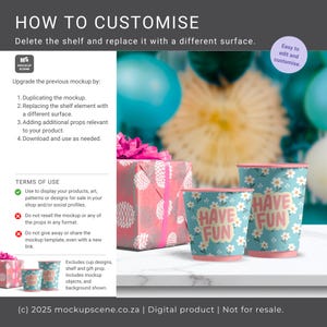 K&ouml;nnte beinhalten: Eine Mockup-Szene mit zwei Papierbechern mit floralem Design und dem Schriftzug "HAVE FUN" auf t&uuml;rkisfarbenem Hintergrund. Eine Geschenkbox und Partydekorationen sind im Hintergrund. Das Bild enth&auml;lt Text zur Anpassung.