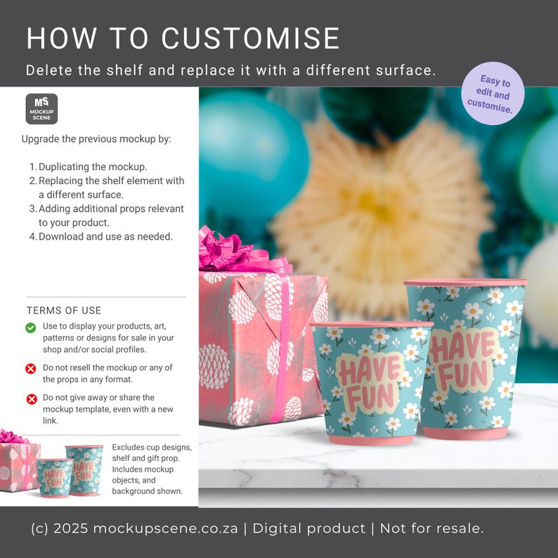K&ouml;nnte beinhalten: Eine Mockup-Szene mit zwei Papierbechern mit floralem Design und dem Schriftzug "HAVE FUN" auf t&uuml;rkisfarbenem Hintergrund. Eine Geschenkbox und Partydekorationen sind im Hintergrund. Das Bild enth&auml;lt Text zur Anpassung.