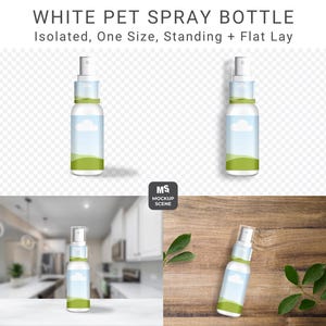 Op de afbeelding: Witte sprayfles voor huisdieren met een blauw en groen etiket met een wolken- en landschapsontwerp. De fles heeft een witte sproeikop en wordt getoond in meerdere mockups, waaronder een platte lay-out op hout.