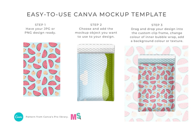May include: A mockup template showing how to add a design to a bubble mailer. The mailer is white with a green border and has a pattern of watermelons and lemons on a blue background. The text on the image reads "EASY-TO-USE CANVA MOCKUP TEMPLATE" and includes instructions for using the template.