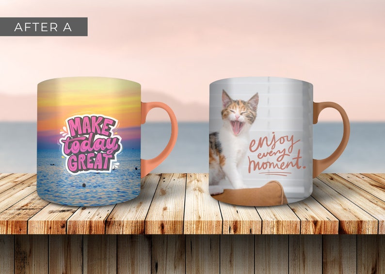 Ceramic Coffee Mug Mockup for Canva with custom clip frames, fully editable, drag and drop. Works like Photoshop! Display image shows 3 front view mugs with canva clip frames after a design is inserted and a background added.