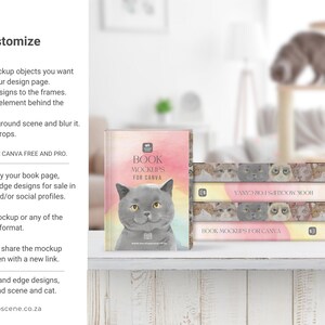 A book mockup scene with books featuring cat designs and the text "BOOK MOCKUPS FOR CANVA". A gray cat illustration is on one book. A fluffy cat is in the scene. The text "Customize" is visible.