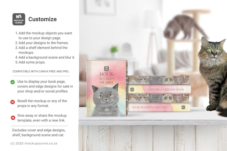 A book mockup scene with books featuring cat designs and the text "BOOK MOCKUPS FOR CANVA". A gray cat illustration is on one book. A fluffy cat is in the scene. The text "Customize" is visible.