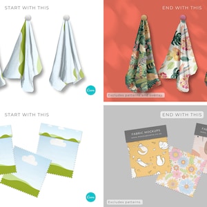 May include: Three fabric swatches hanging from hooks. The swatches are white with green patterns, white with blue patterns, and white with red patterns. The text "START WITH THIS" and "END WITH THIS" are above the swatches.