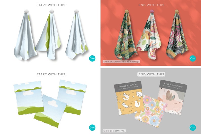 May include: Three fabric swatches hanging from hooks. The swatches are white with green patterns, white with blue patterns, and white with red patterns. The text "START WITH THIS" and "END WITH THIS" are above the swatches.