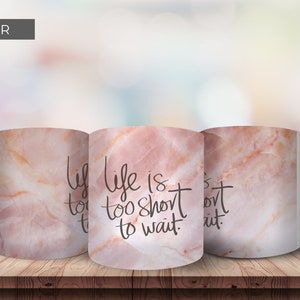 Ceramic Coffee Mug Mockup for Canva with custom clip frames, fully editable, drag and drop. Works like Photoshop! Display image shows 3 front view mugs with canva clip frames after designs are inserted and background image is added.
