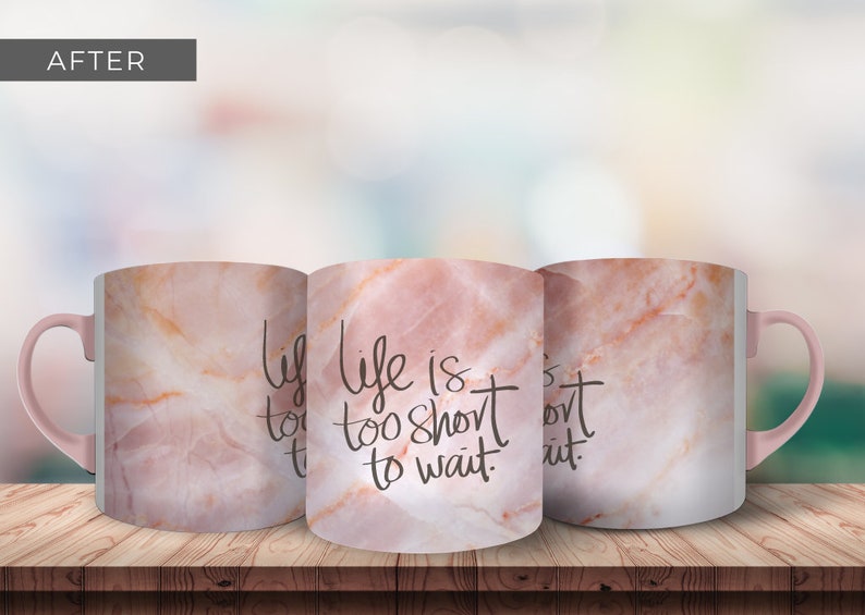 Ceramic Coffee Mug Mockup for Canva with custom clip frames, fully editable, drag and drop. Works like Photoshop! Display image shows 3 front view mugs with canva clip frames after designs are inserted and background image is added.