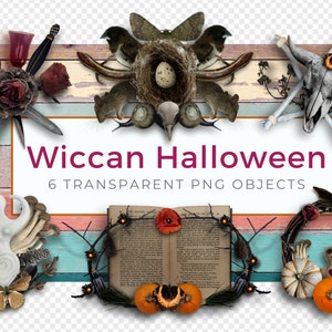May include: Six digital images of various Halloween-themed objects, including a skull, a book, a wreath, a bird's nest, a white figure, and a set of daggers with roses. The images are set against a background of wooden planks painted in shades of blue, pink, and beige. The text "Wiccan Halloween 6 TRANSPARENT PNG OBJECTS" is displayed in a white rectangle.