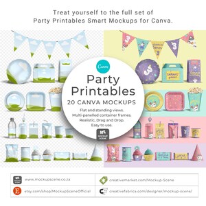 K&ouml;nnte beinhalten: Party-Printable-Mockups f&uuml;r Canva, mit Partyartikeln wie Luftballons, Tellern und Popcornbeh&auml;ltern. Das Bild enth&auml;lt den Text "Party Printables" und "20 Canva Mockups".