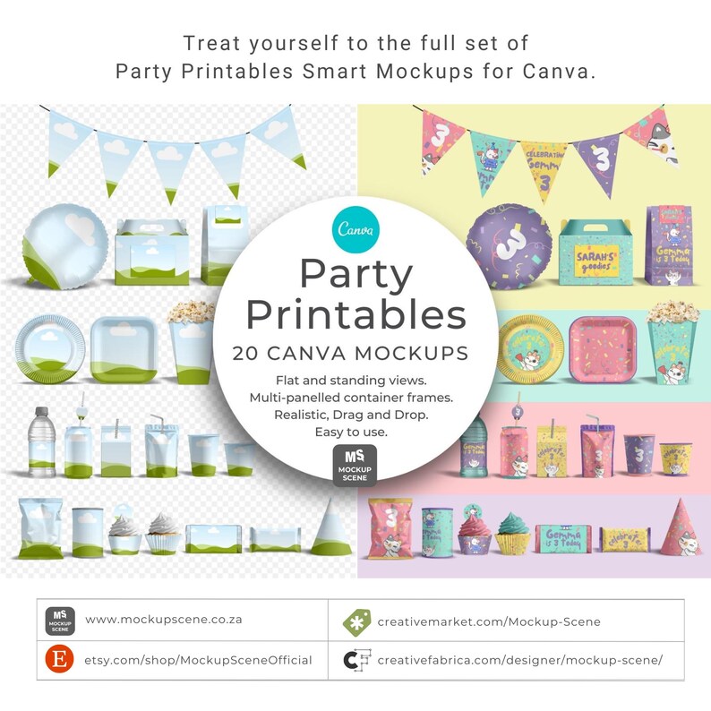 K&ouml;nnte beinhalten: Party-Printable-Mockups f&uuml;r Canva, mit Partyartikeln wie Luftballons, Tellern und Popcornbeh&auml;ltern. Das Bild enth&auml;lt den Text "Party Printables" und "20 Canva Mockups".
