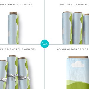 May include: Four mockups of fabric rolls with different configurations. The first mockup shows a single fabric roll, the second shows three fabric rolls, the third shows three fabric rolls tied together, and the fourth shows a single fabric bolt.