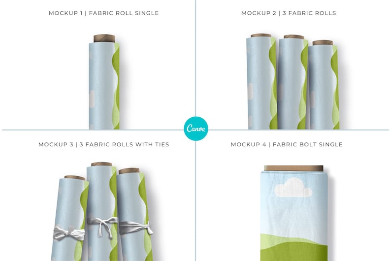 May include: Four mockups of fabric rolls with different configurations. The first mockup shows a single fabric roll, the second shows three fabric rolls, the third shows three fabric rolls tied together, and the fourth shows a single fabric bolt.