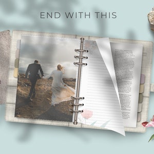 May include: A white binder with a photo of a couple walking on a beach on the left side. The right side of the binder is open to a blank page with lined paper. The text "END WITH THIS" is at the top of the image.