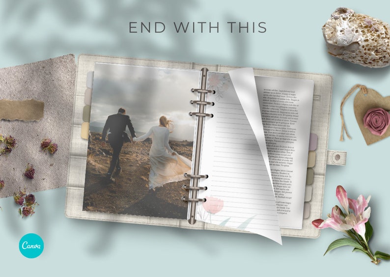 May include: A white binder with a photo of a couple walking on a beach on the left side. The right side of the binder is open to a blank page with lined paper. The text "END WITH THIS" is at the top of the image.