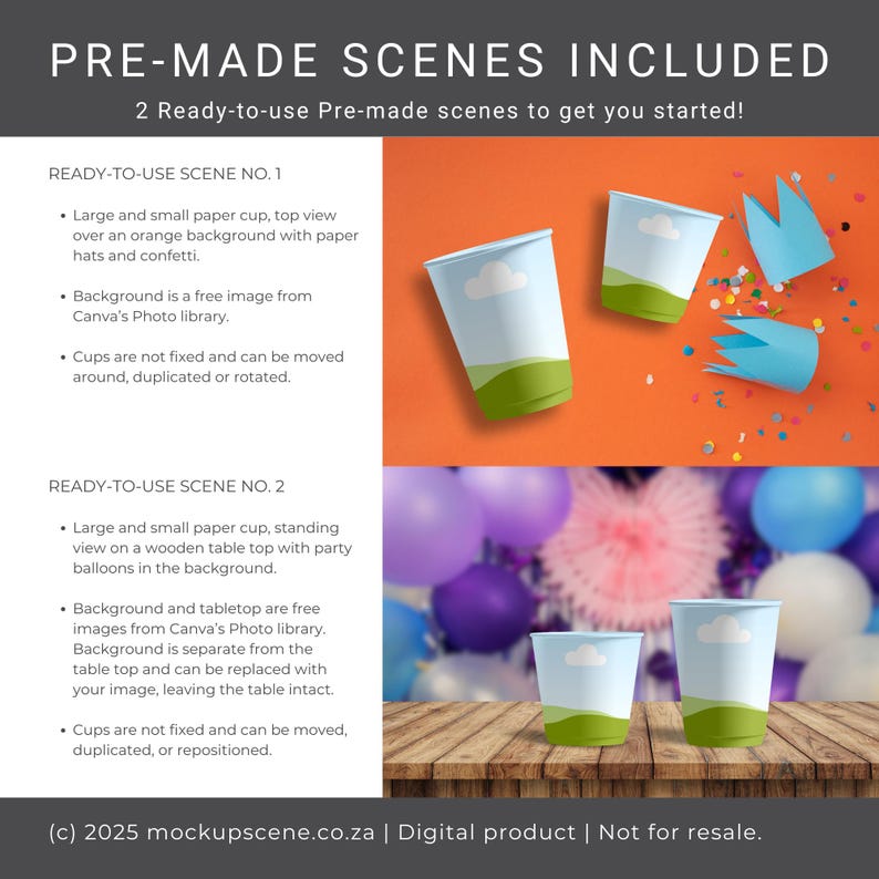 K&ouml;nnte beinhalten: Bild mit zwei vorgefertigten Szenen. Szene 1 zeigt Papierbecher mit einem Himmel- und Grasdesign auf orangefarbenem Hintergrund mit Konfetti und Papierh&uuml;ten. Szene 2 zeigt Becher auf einem Holztisch mit Luftballons. Text: VORGEFERTIGTE SZENEN ENTHALTEN.