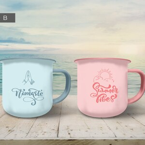 Enamel Coffee Mug Mockup - Canva Template featuring custom clip frames, fully editable drag-and-drop objects. Works like Photoshop! Display image shows 2 mug mockup front view after designs are added to the clip frames over a background.