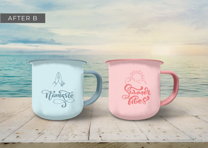 Enamel Coffee Mug Mockup - Canva Template featuring custom clip frames, fully editable drag-and-drop objects. Works like Photoshop! Display image shows 2 mug mockup front view after designs are added to the clip frames over a background.