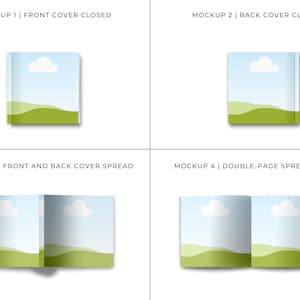 May include: Four mockups of a book cover design. The first mockup shows the front cover closed, the second mockup shows the back cover closed, the third mockup shows the front and back covers spread open, and the fourth mockup shows a double-page spread open.