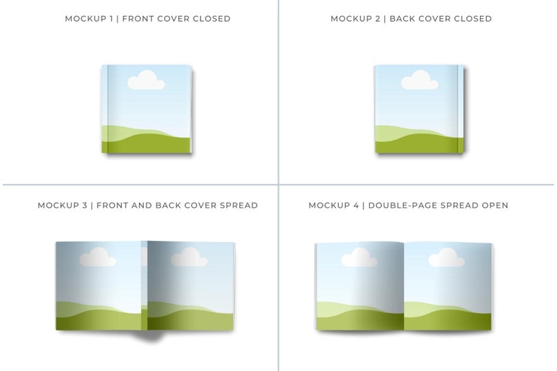 May include: Four mockups of a book cover design. The first mockup shows the front cover closed, the second mockup shows the back cover closed, the third mockup shows the front and back covers spread open, and the fourth mockup shows a double-page spread open.